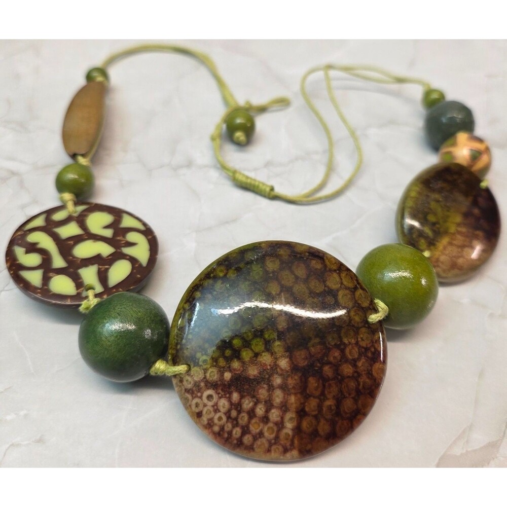 Chunky Beaded Statement Necklace Green Brown Wood Coconut 23 Inch Boho Hippie